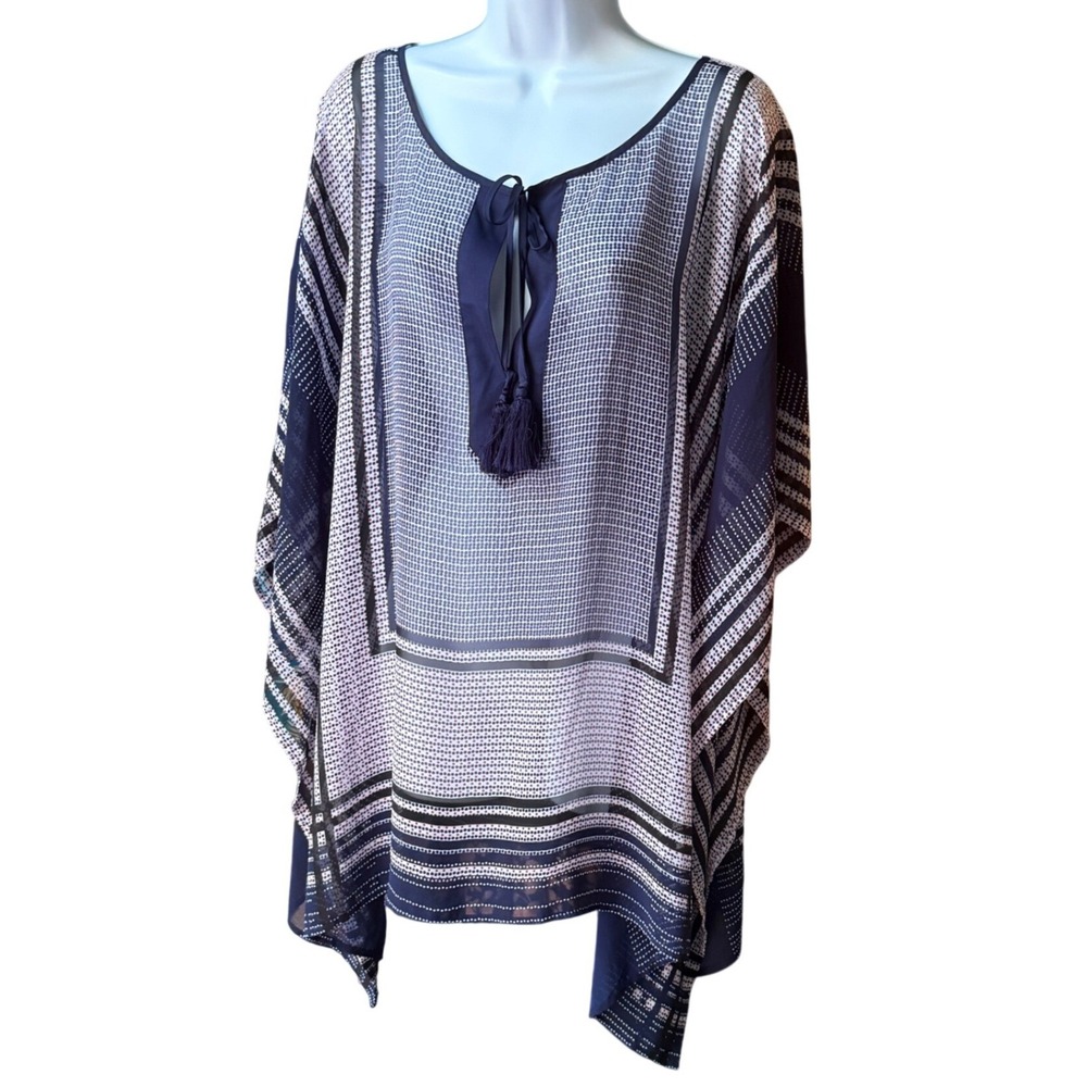 Lane Bryant Navy Blue Geometric Chiffon Poncho Tassel Tie Top Plus Size 22/24